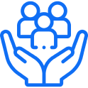 A blue icon of hands holding people.